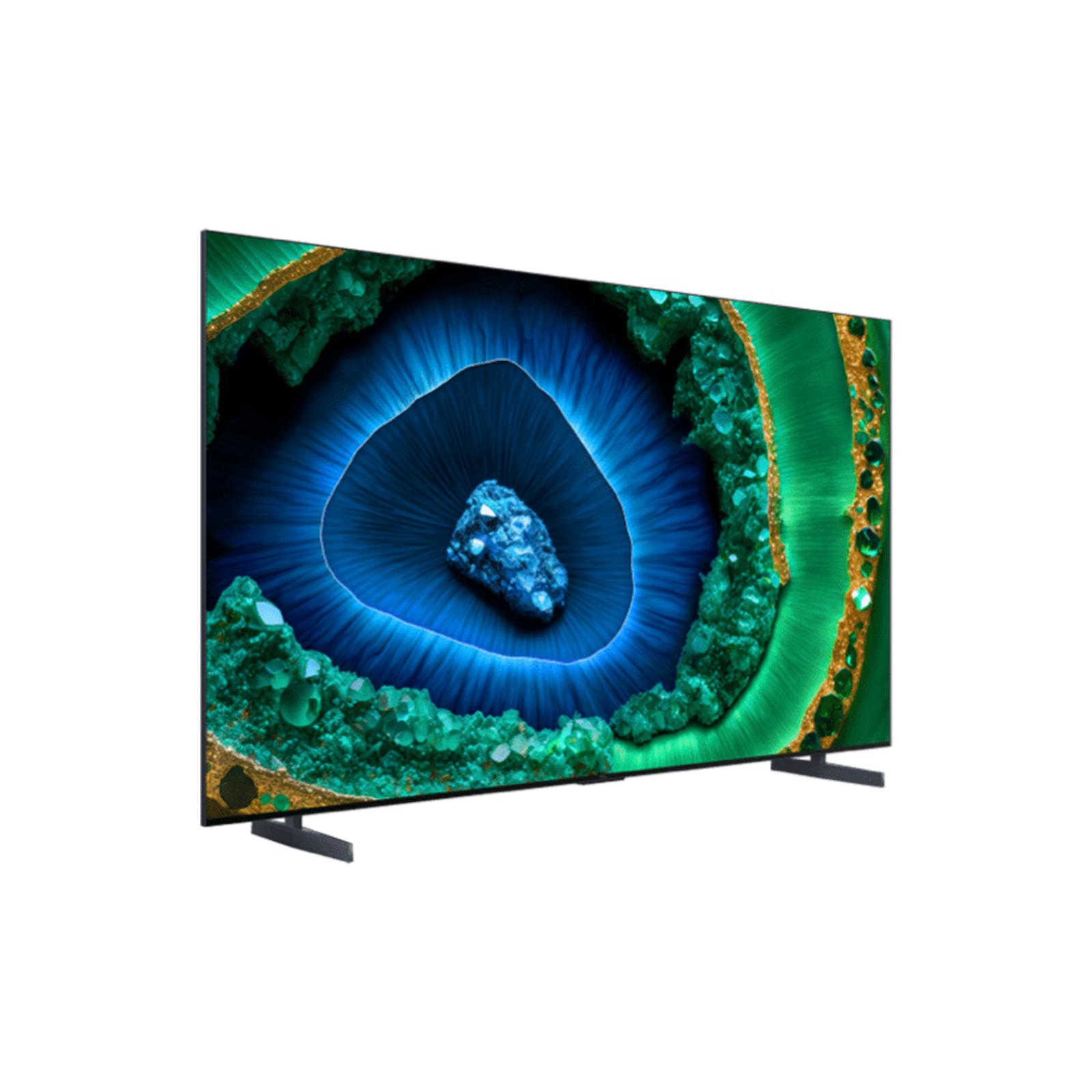 Büyük bir TV ekranı, yeşil ve mavi renklerde canlı bir soyut görüntü sergiliyor.
