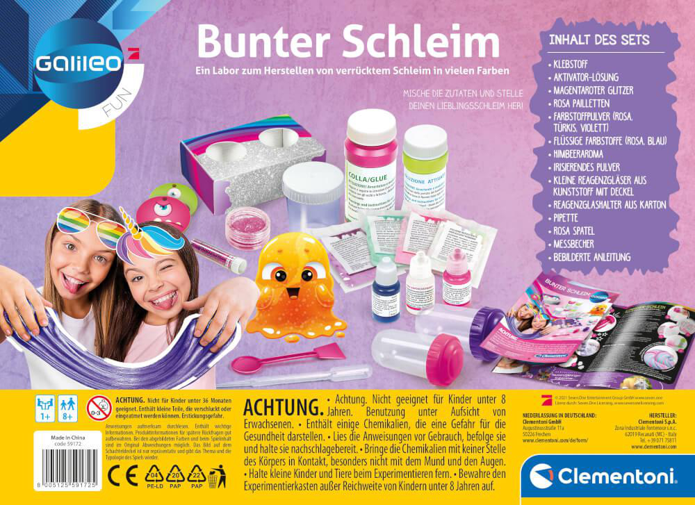 Kinder mit Schleim-Set. Enthält Kleber, Glitzer und Anweisungen. Text auf Deutsch.