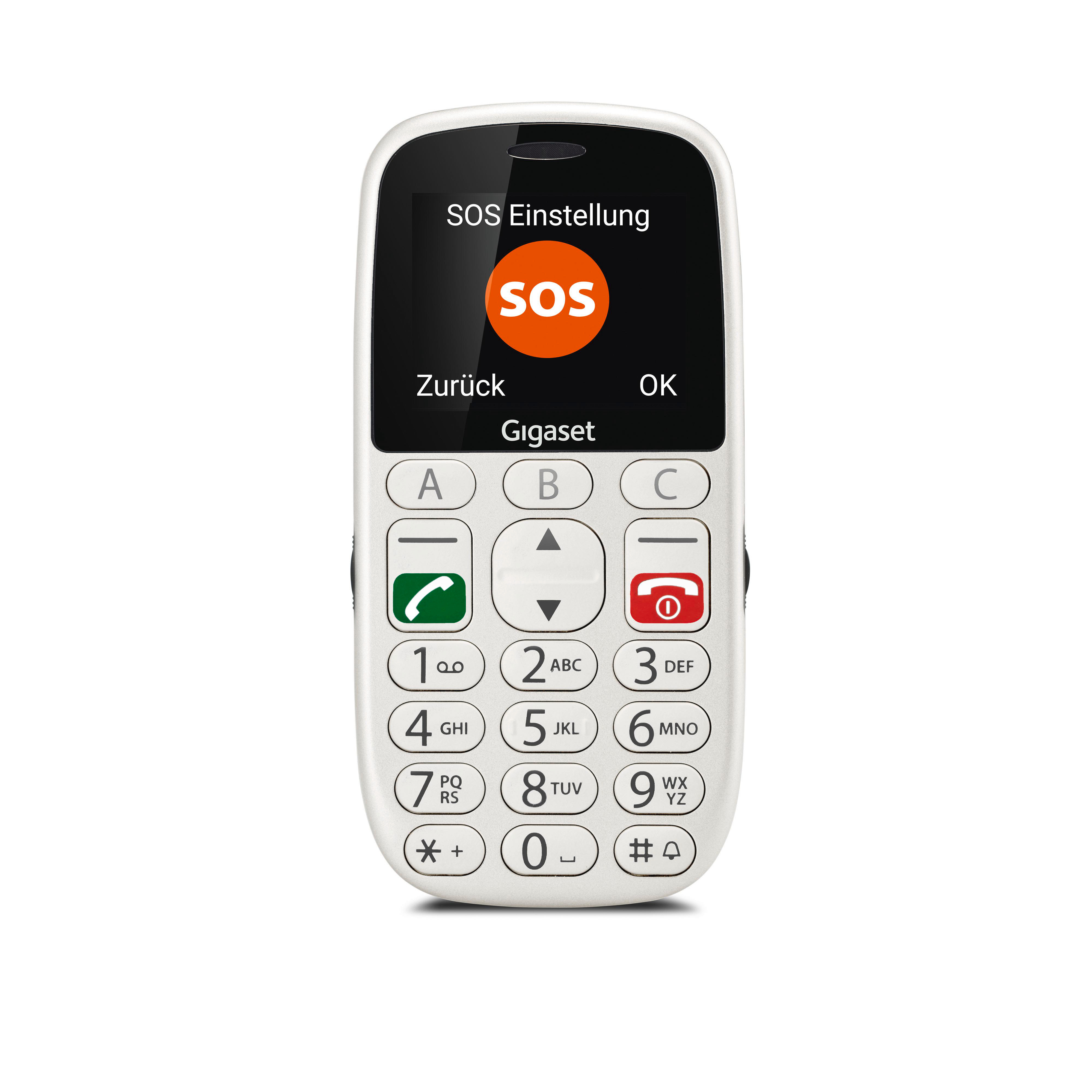 Ein weißes Gigaset-Telefon mit großen Tasten. Es zeigt eine SOS-Taste und nummerierte Tasten an.