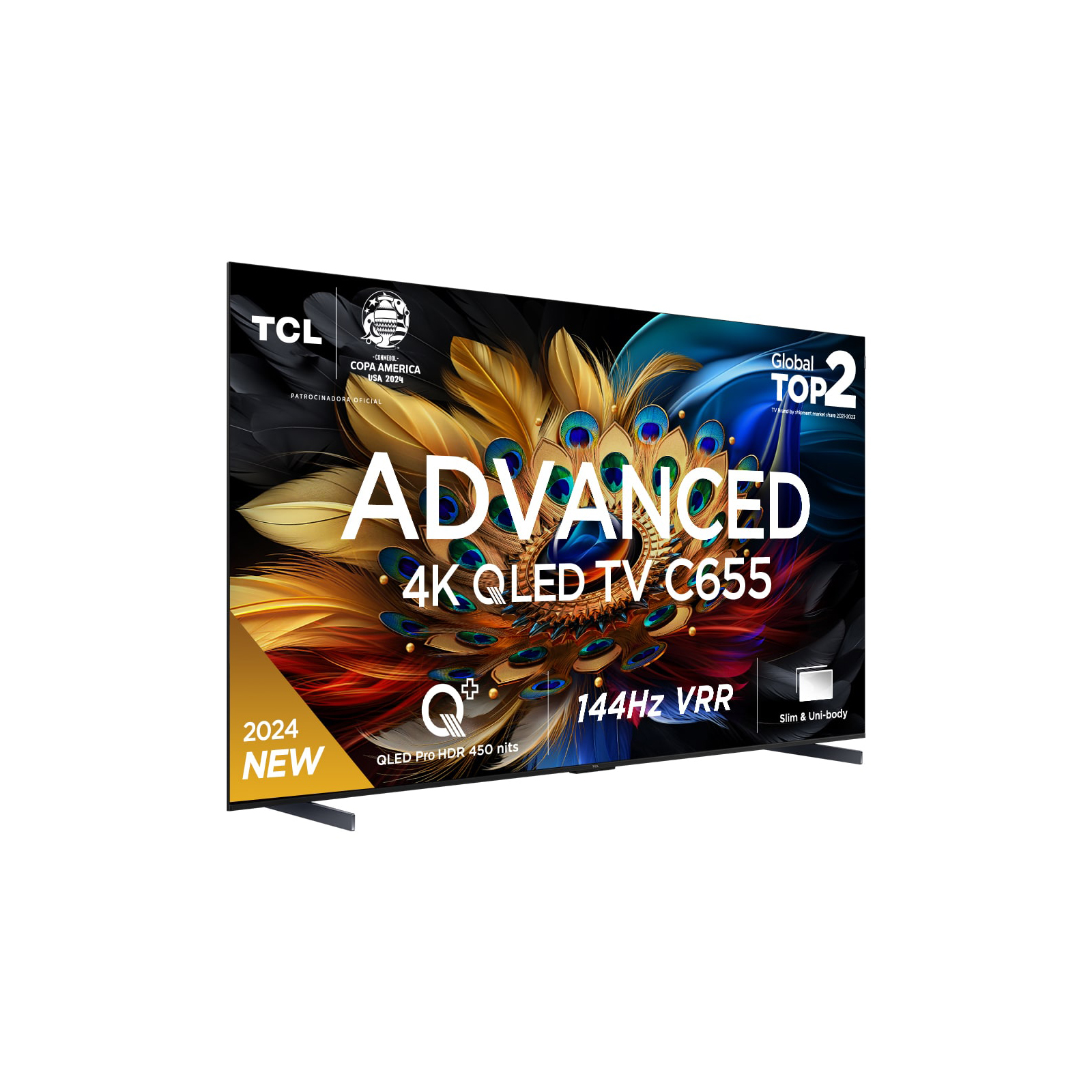 TCL TV ekranı, ADVANCED 4K QLED TV C655 yazısı ve bir tavus kuşu görüntüsü ile.