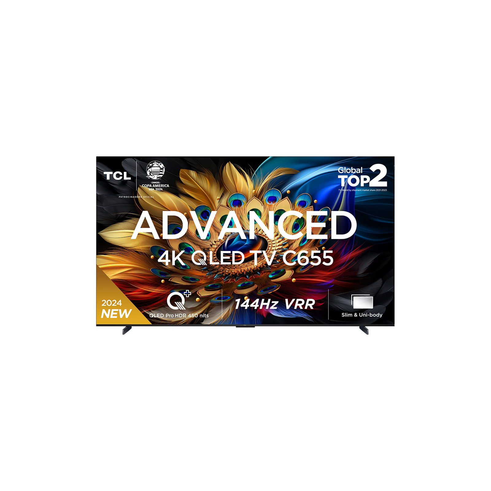 TCL Advanced 4K QLED TV C655. Renkli bir tavuskuşu tasarımı ve 'YENİ 2024' metnine sahip.