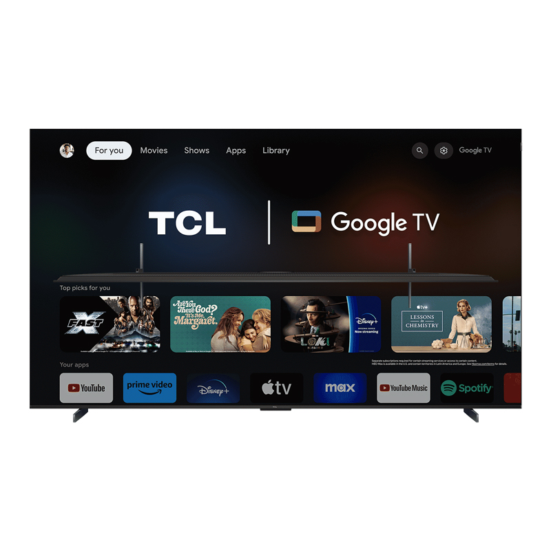 Google TV arayüzlü büyük TV. Uygulama simgelerini ve film ve şov önizlemelerini gösterir.