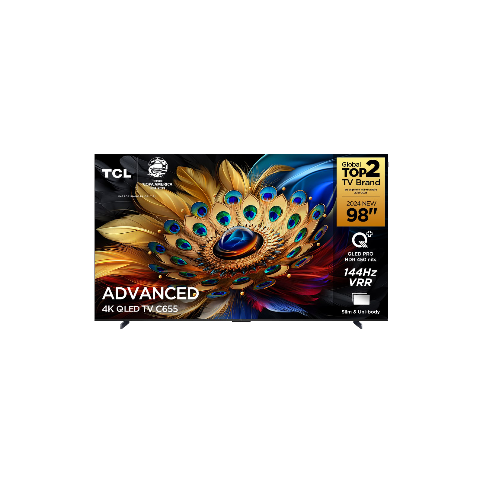Parlak renkler ve 'Advanced' ve '4K QLED' dahil olmak üzere metin içeren büyük bir TV ekranı.