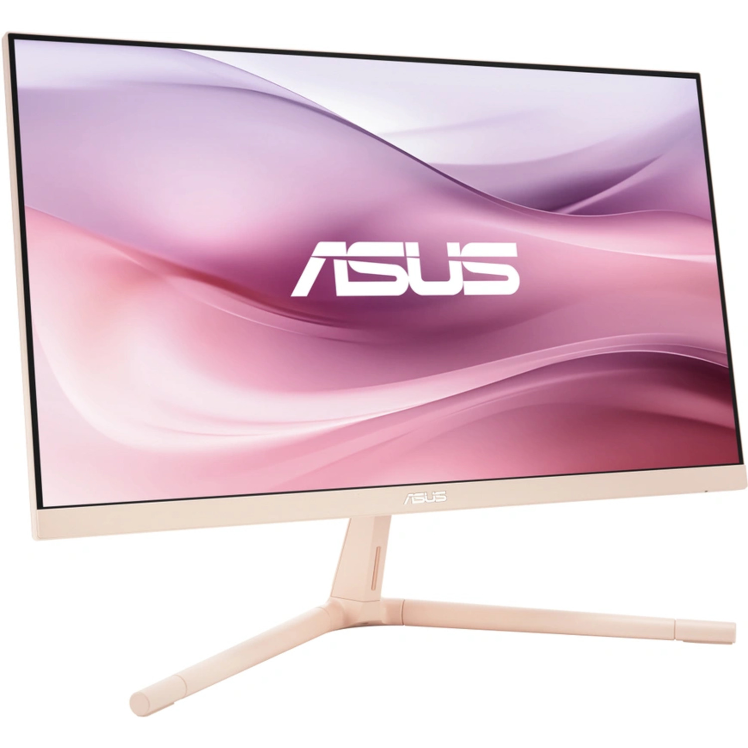 Roze en witte ASUS monitor met een gebogen scherm en een minimalistisch standaardontwerp.