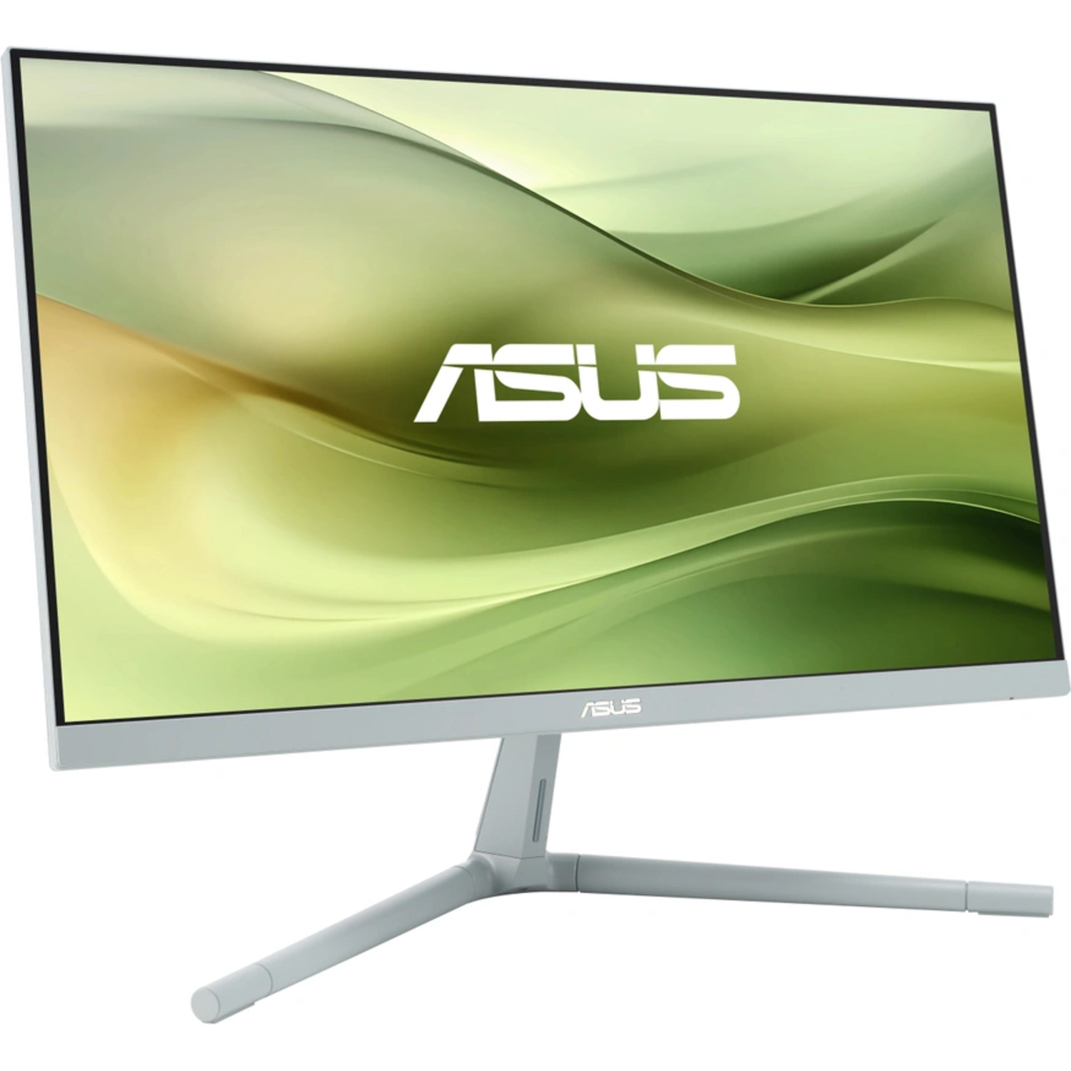 Un moniteur d'ordinateur avec un cadre blanc, affichant un fond vert et jaune, avec le logo ASUS.
