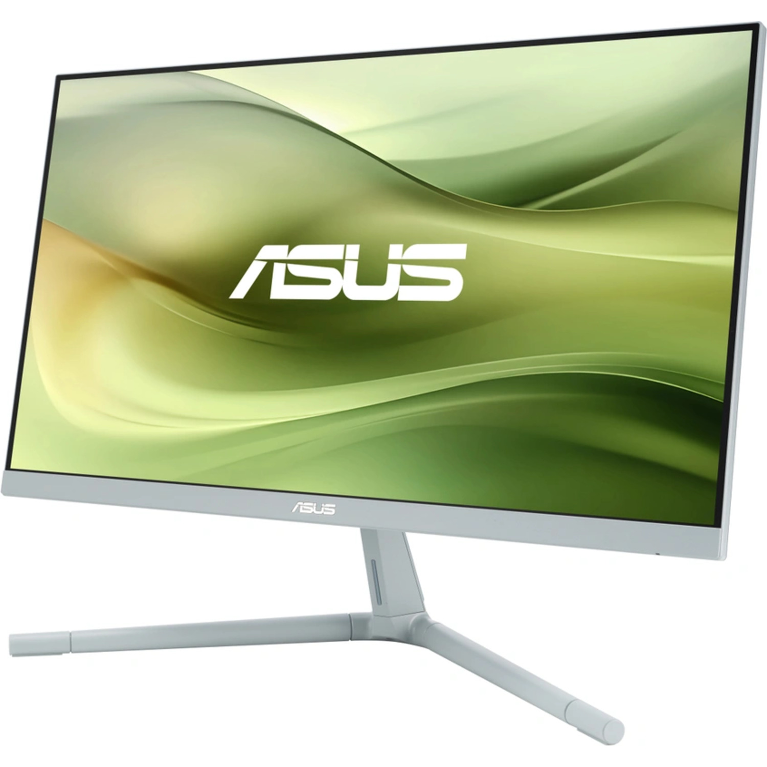 Un moniteur ASUS affiche un fond dégradé vert et blanc. Le moniteur repose sur un pied gris clair.