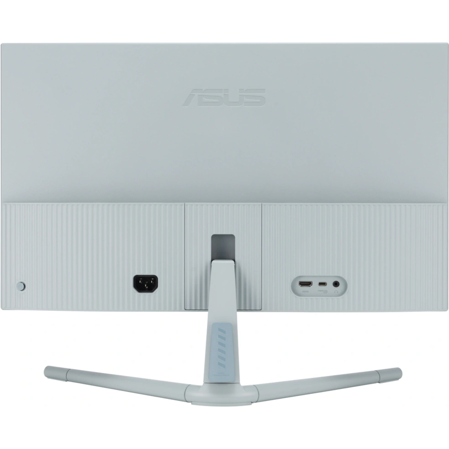 Vue arrière d'un moniteur gris clair. Logo ASUS et ports visibles.