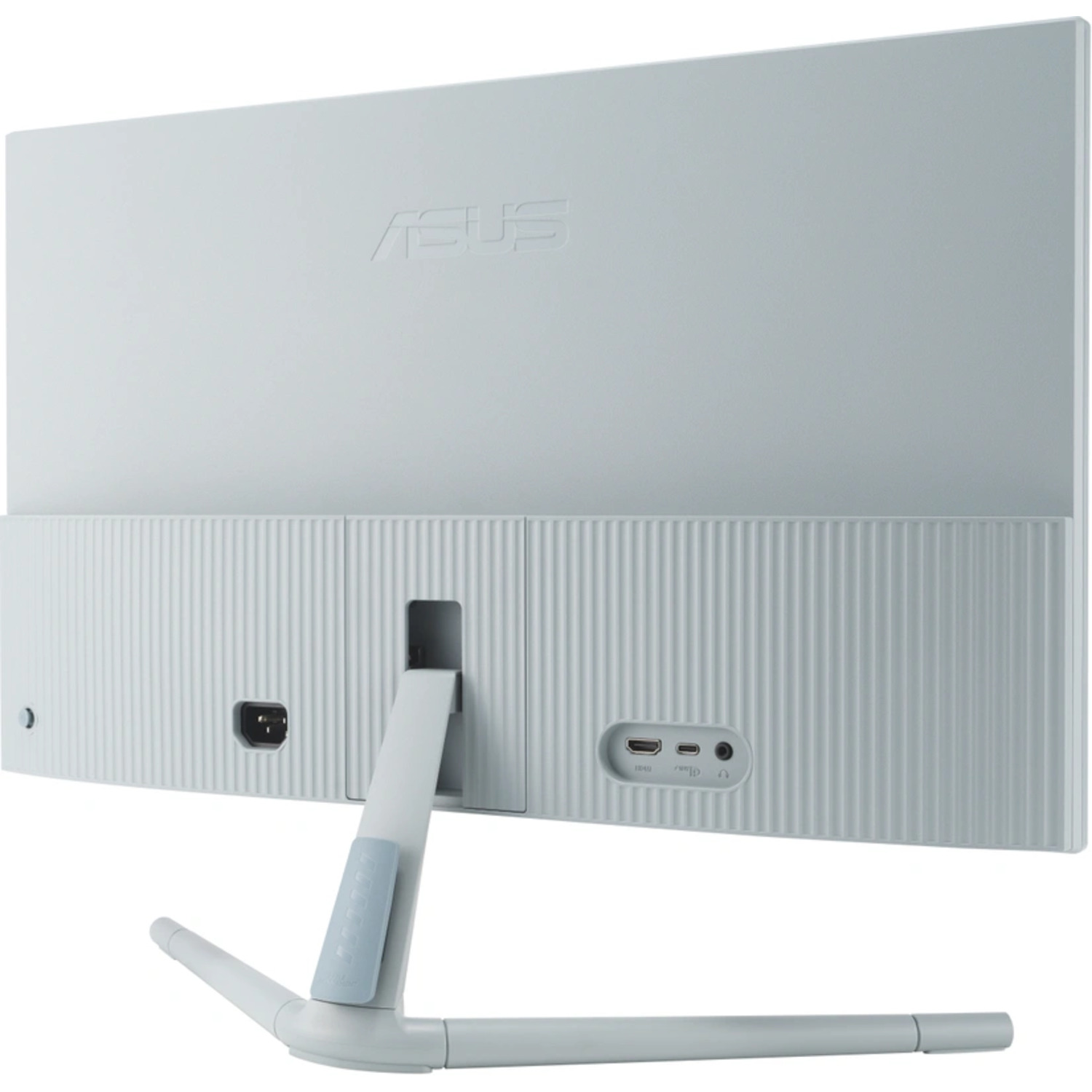Arrière d'un écran d'ordinateur ASUS bleu clair avec ports et support.