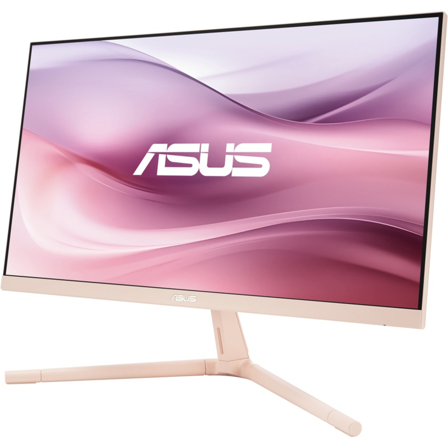 Moniteur d'ordinateur beige avec un arrière-plan abstrait rose et violet. La marque 'ASUS' est visible.