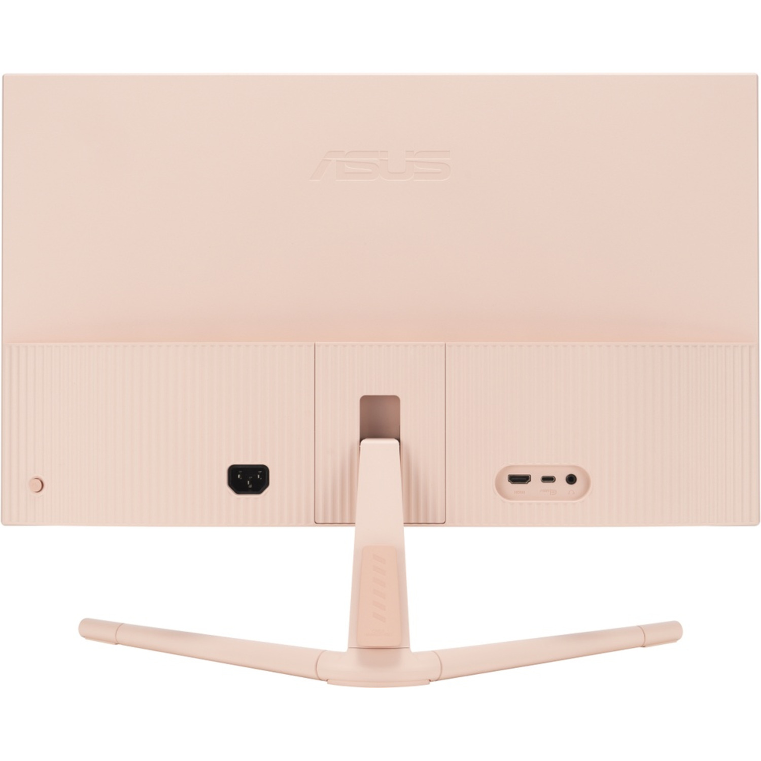 Arrière d'un moniteur ASUS rose avec un support et divers ports.