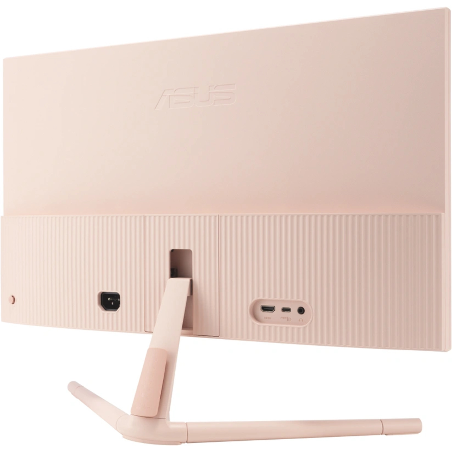 L'arrière d'un moniteur d'ordinateur rose avec des ports et un support, sur fond blanc.