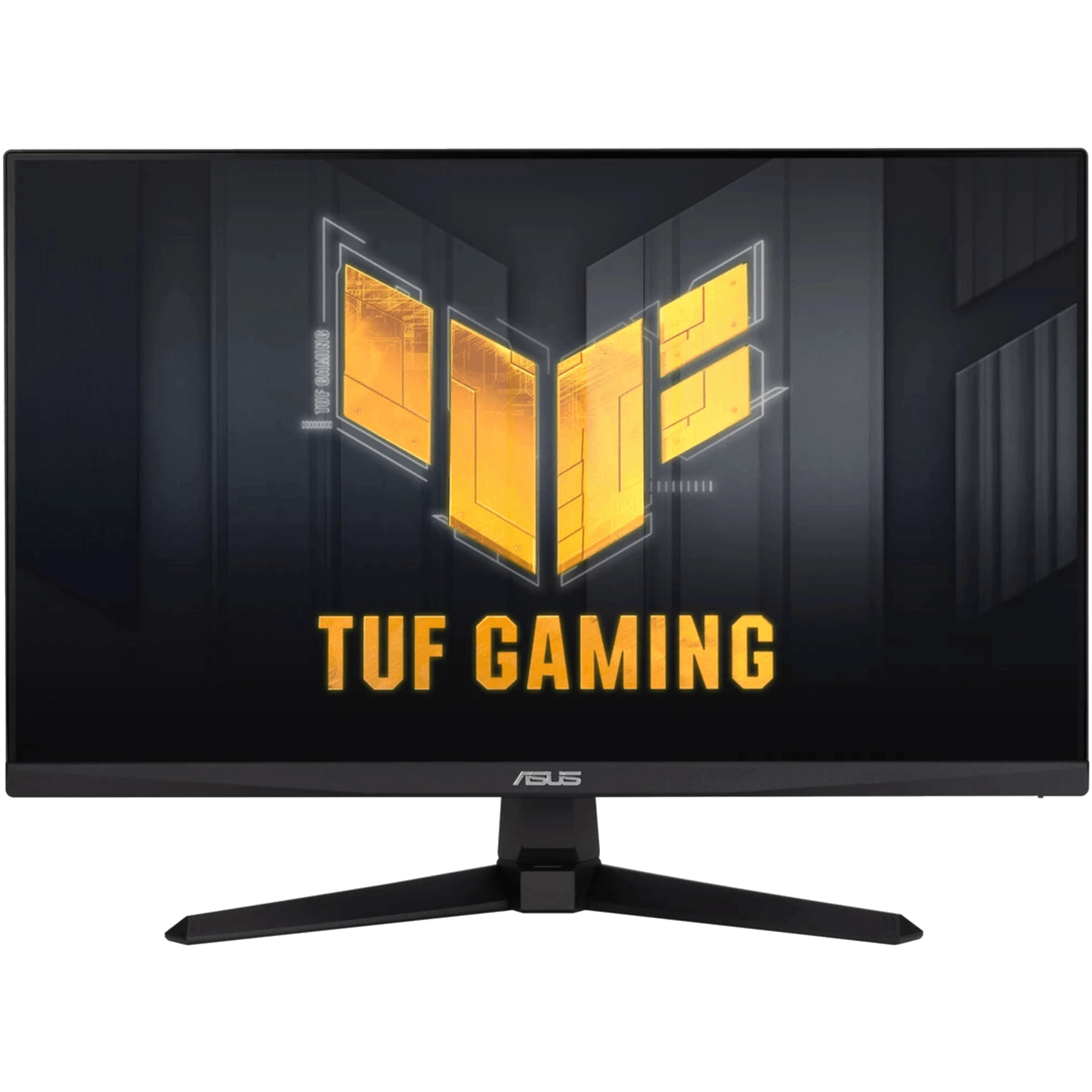 Moniteur Asus TUF Gaming, noir avec logo et support jaunes.