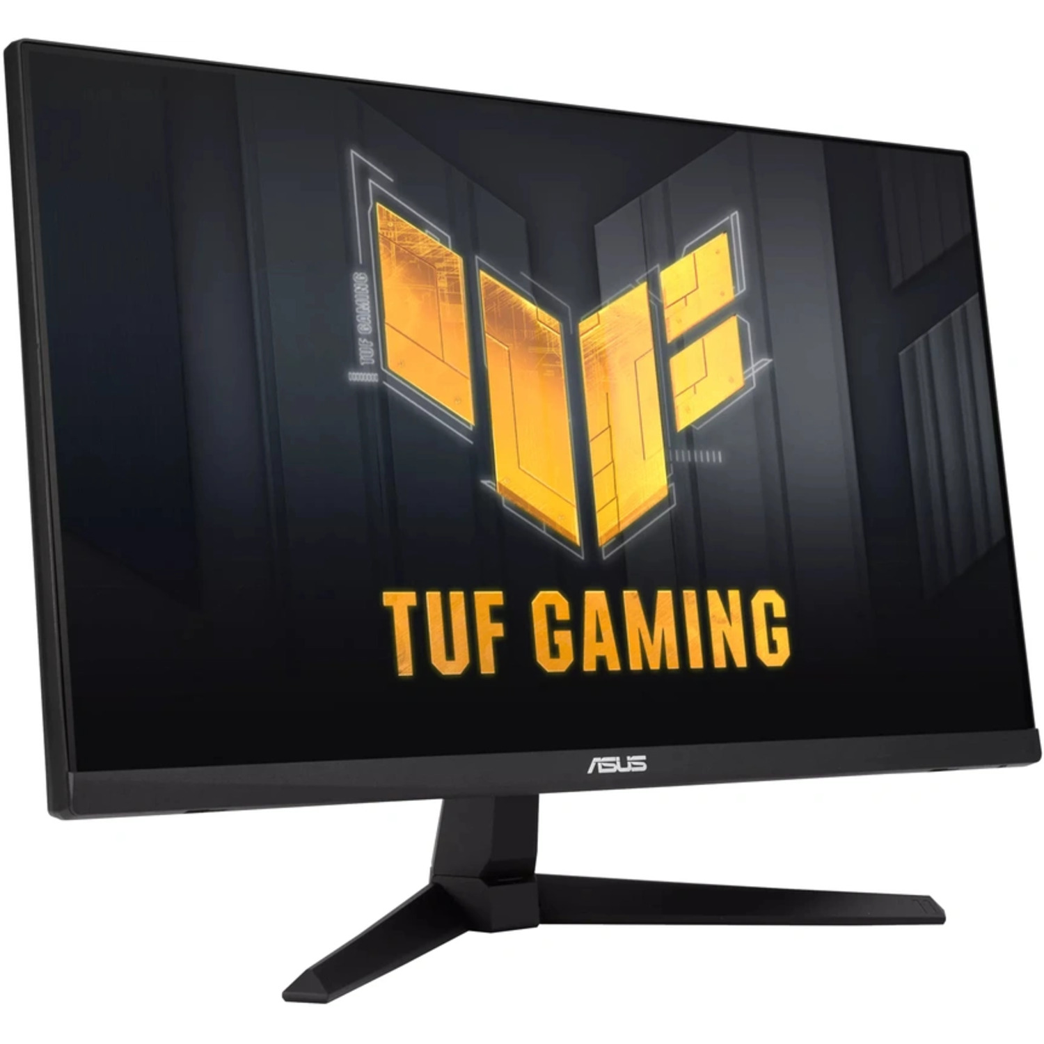 Moniteur ASUS TUF Gaming noir avec support, affichant un graphisme de jeu à l'écran.