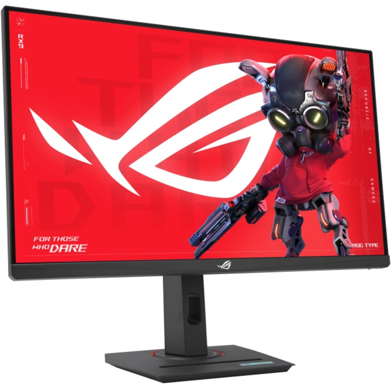 Gaming monitor with a red background, a robot-like figure, and the ROG logo.