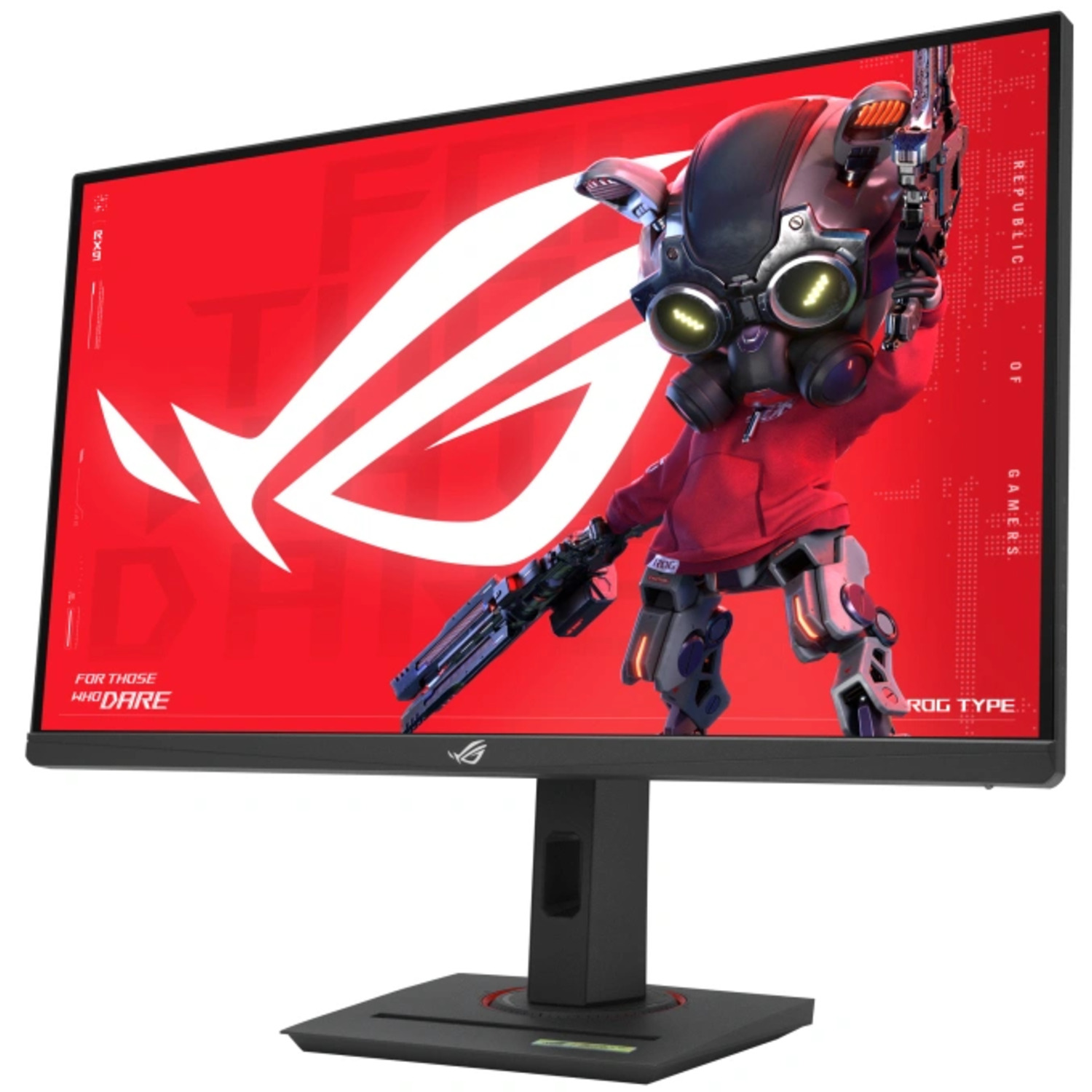 Gaming monitor with a cartoon character holding a gun, red background.