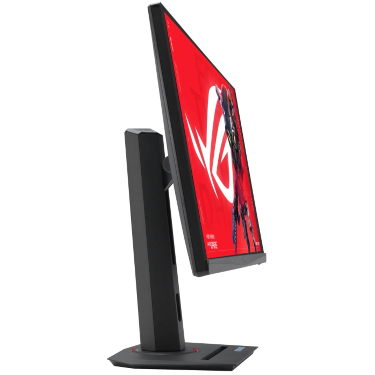 Side view of an Asus ROG monitor with a red screen displaying a graphic and a black stand.