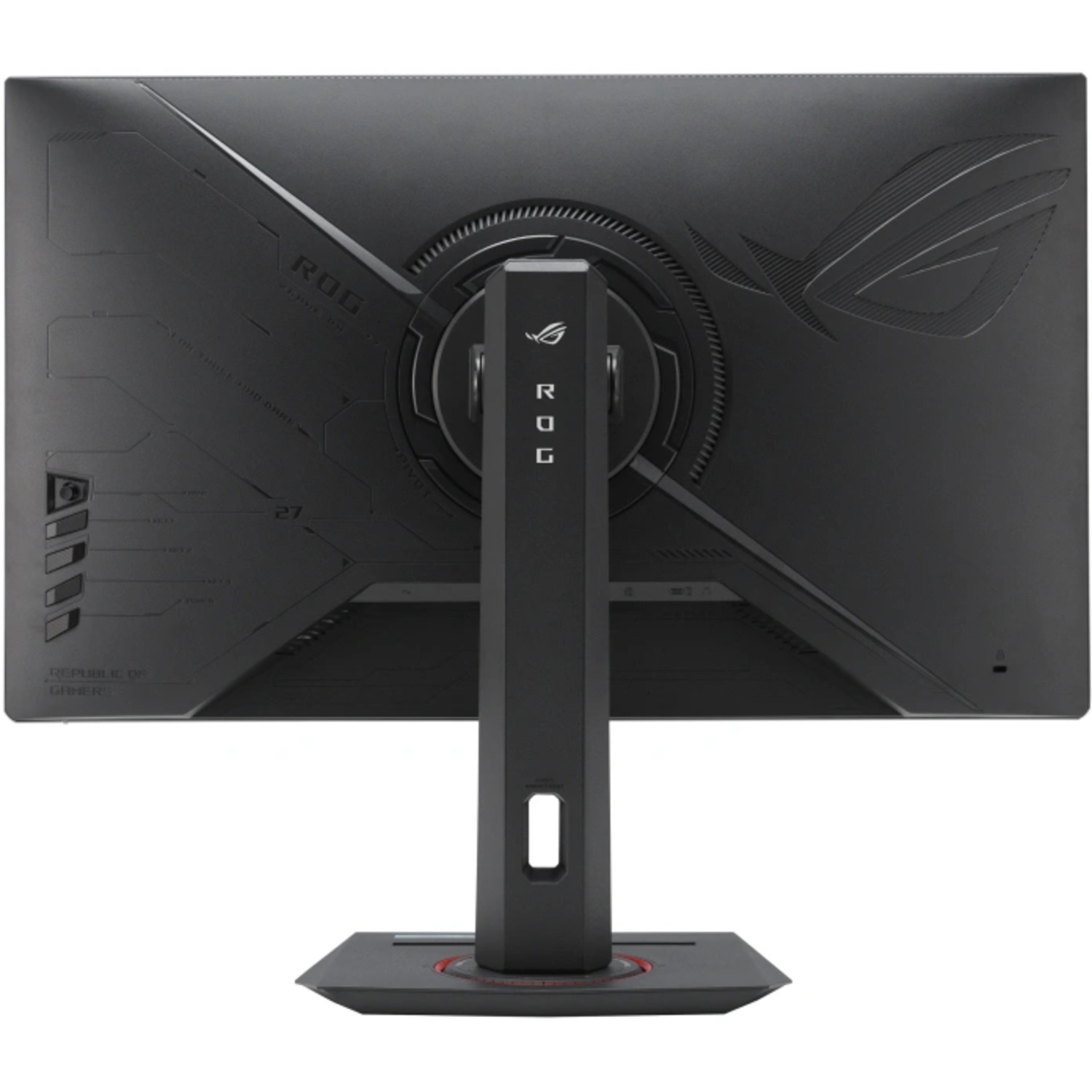 Back view of a black ROG monitor. The monitor has a stand and ROG branding.