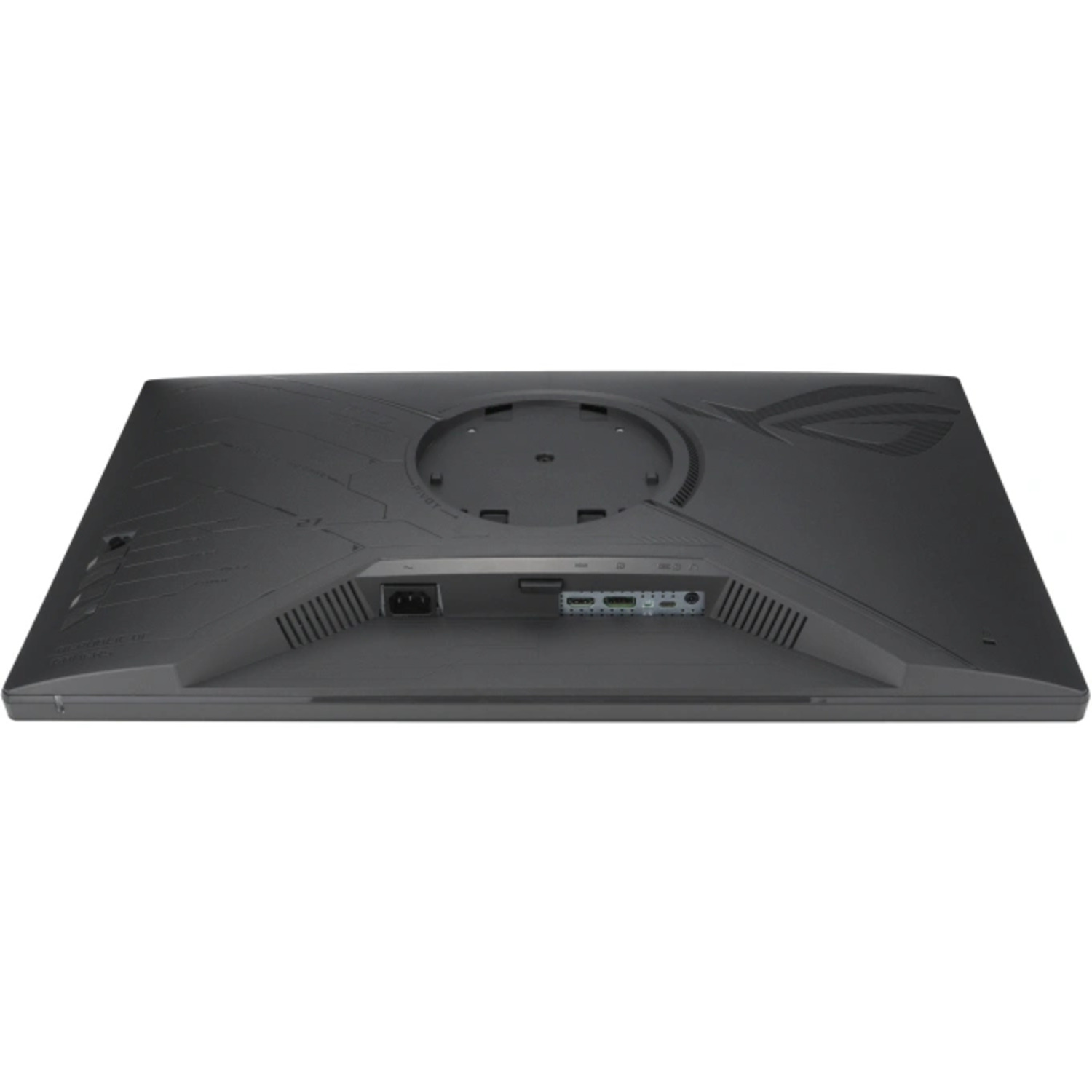 Back of a black monitor with ports, stand attachment, and ASUS logo. The background is white.