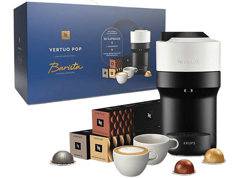 Krups Nespresso Vertuo Pop Coconut White + 30 Capsules 2 Cappuccino Kopjes