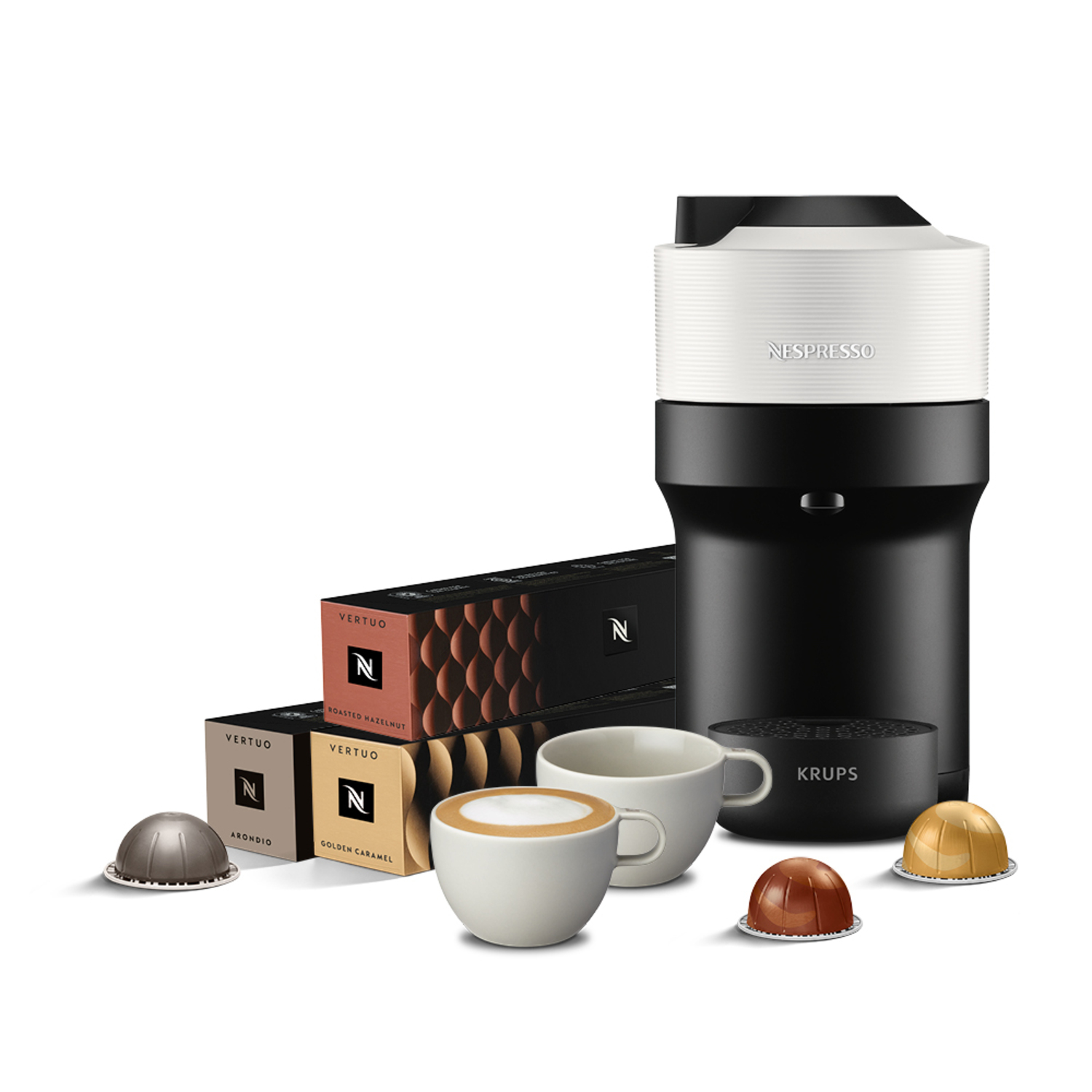 Nespresso Vertuo coffee machine with capsules, cups, and accessories.
