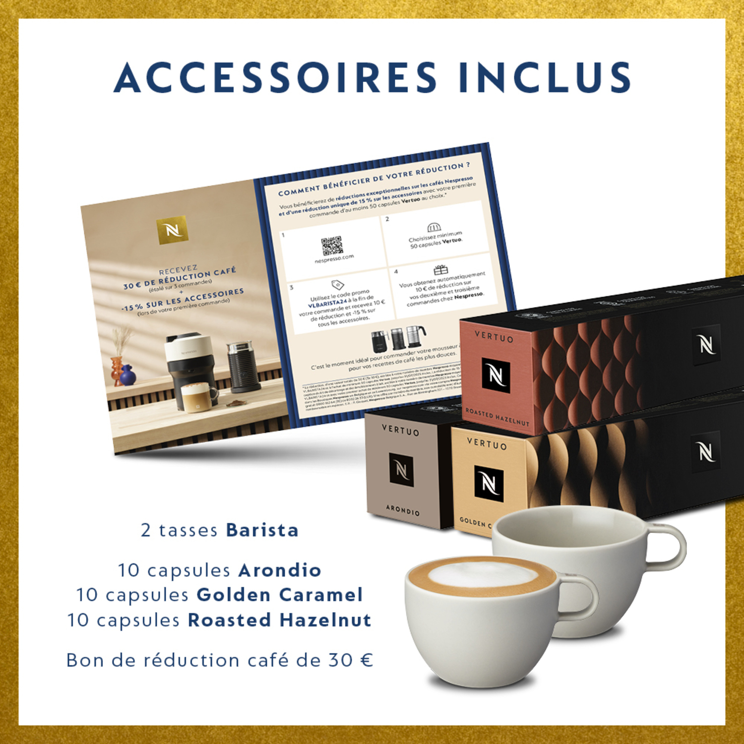Image promotionnelle Nespresso, montrant capsules de café, tasses et offre de réduction.