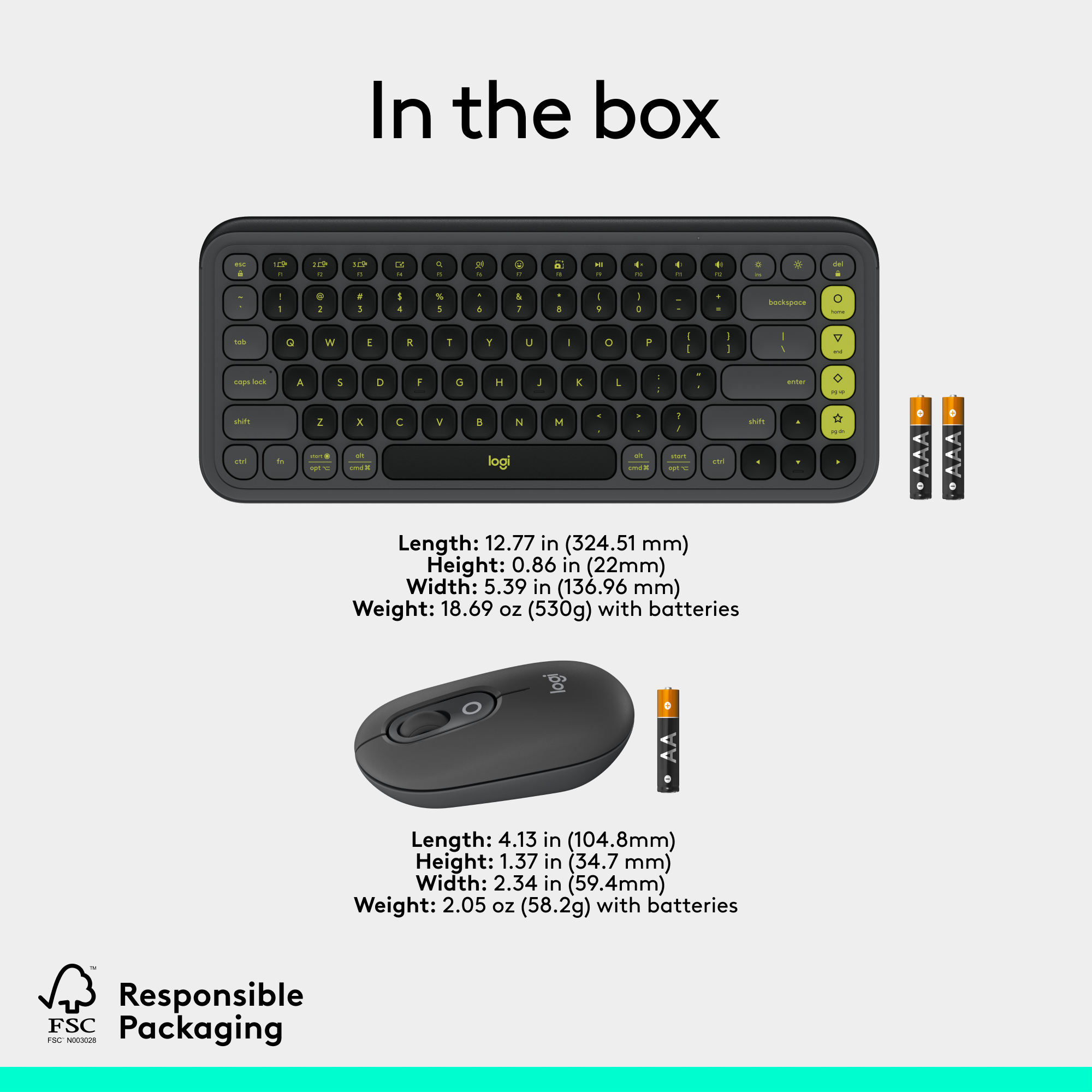 Ensemble clavier et souris. Le clavier est noir avec des accents jaunes. La souris est noire avec deux piles.