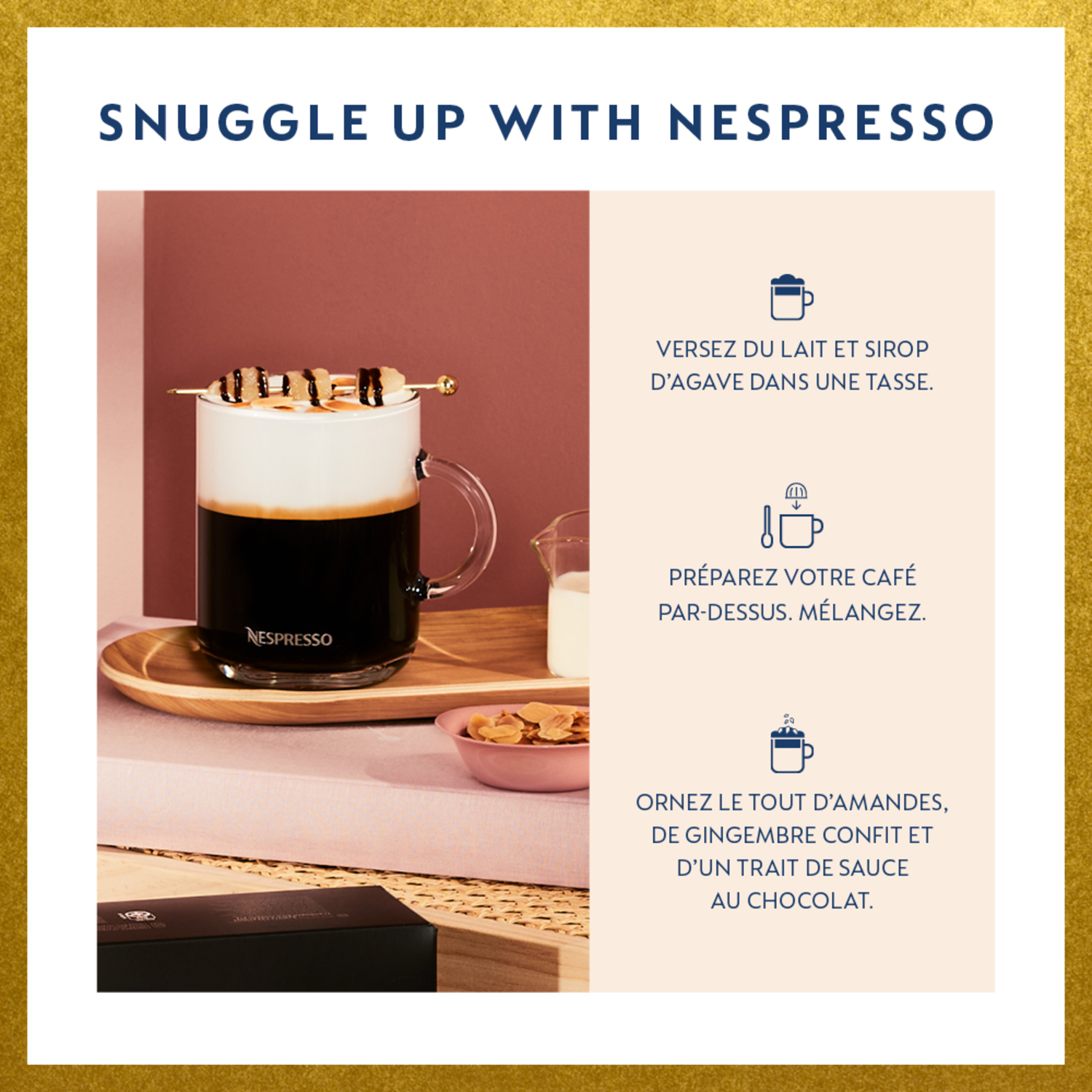 Une boisson au café avec de la mousse et des garnitures, avec une description de la recette et des instructions.