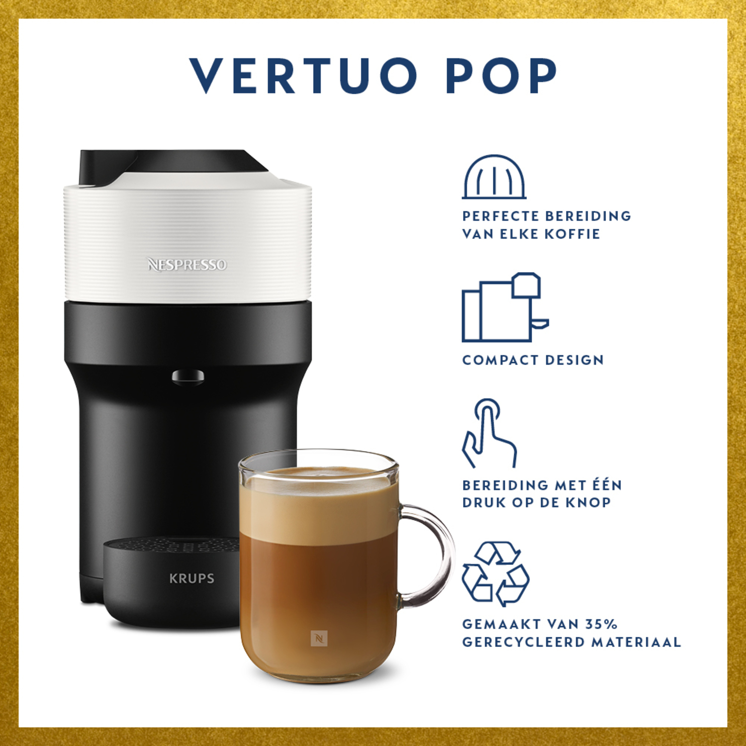 Nespresso Vertuo Pop machine, a coffee cup and a glass cup of coffee.