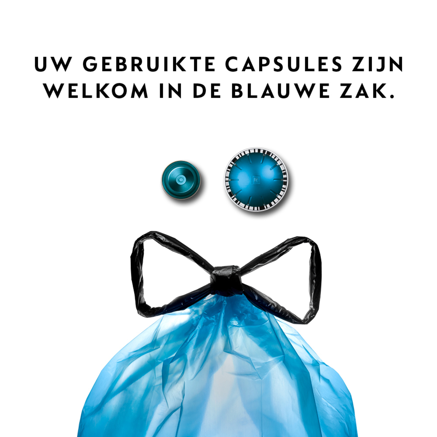 An image of used coffee capsules and a blue plastic bag, suggesting recycling.