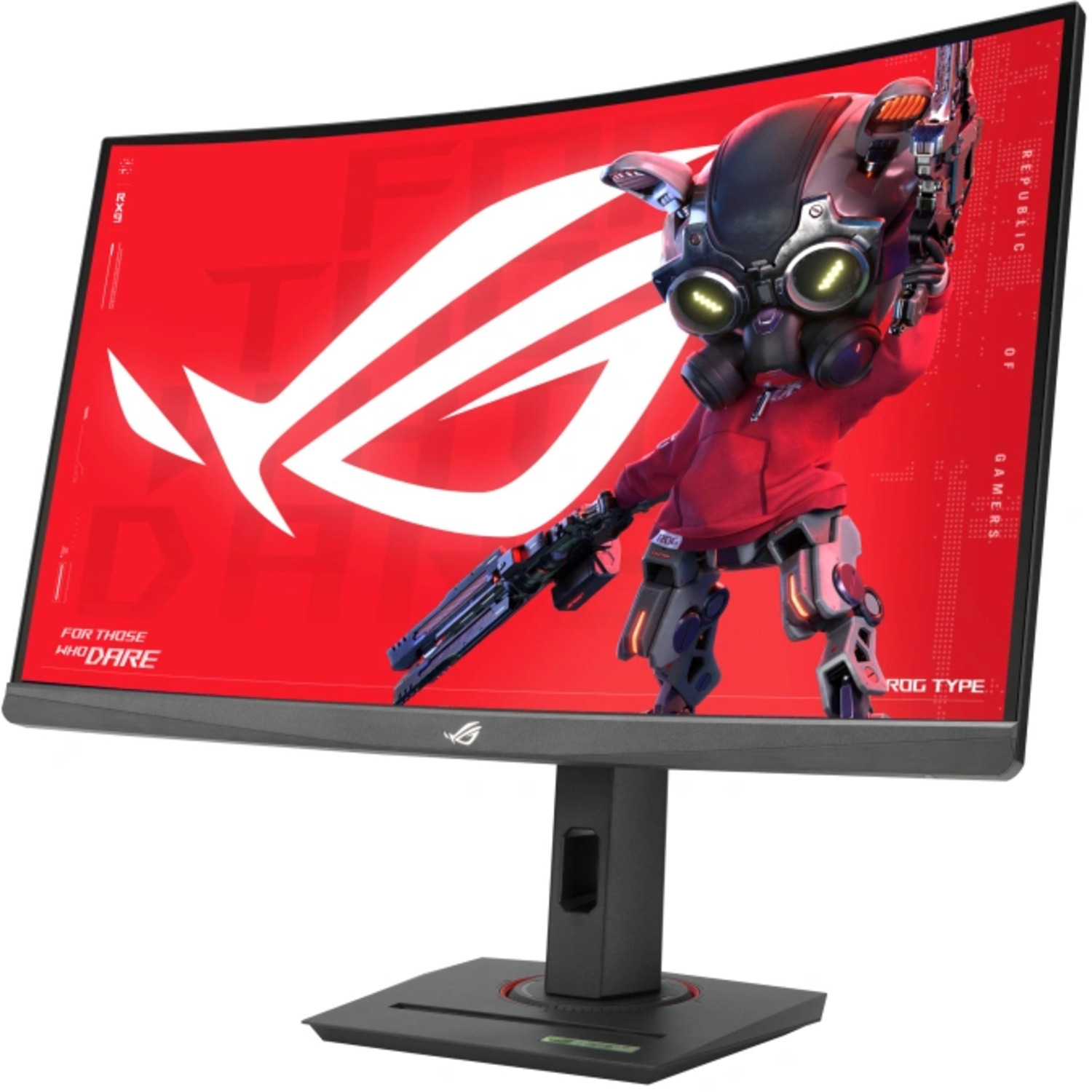 Gebogen gaming monitor met een futuristisch beeld. De standaard en voet zijn zwart.
