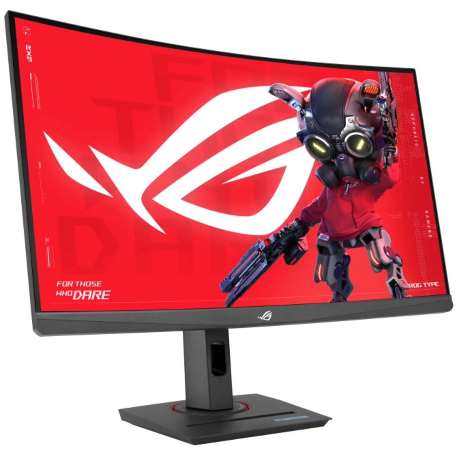 Een gebogen gamingmonitor met een rood-witte afbeelding met een robotkarakter.