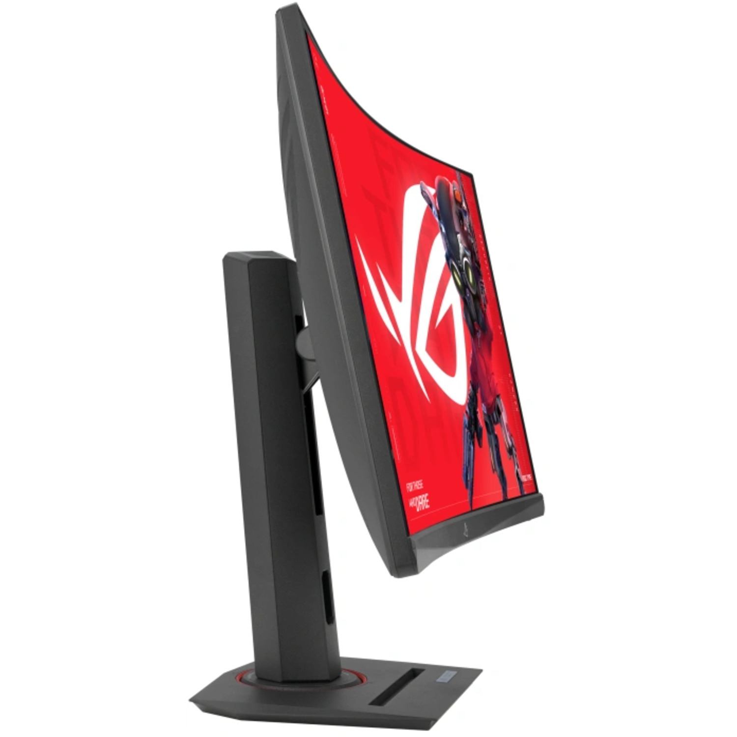 Gebogen gamingmonitor met rood en zwart design, toont een game scherm.