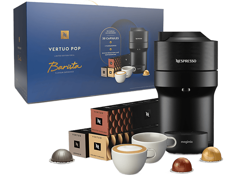 Magimix Nespresso Vertuo Pop Coconut Black + 30 Capsules 2 Cappuccino Kopjes