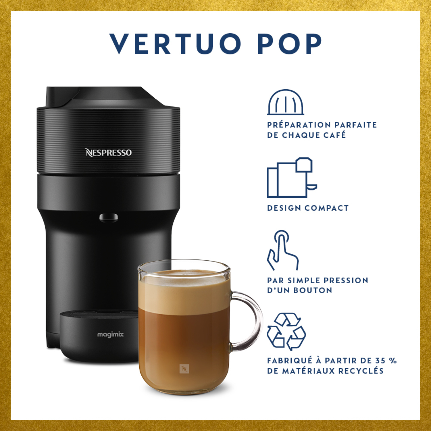 Machine Nespresso Vertuo Pop avec une tasse de café, mettant en évidence les caractéristiques clés en icônes.