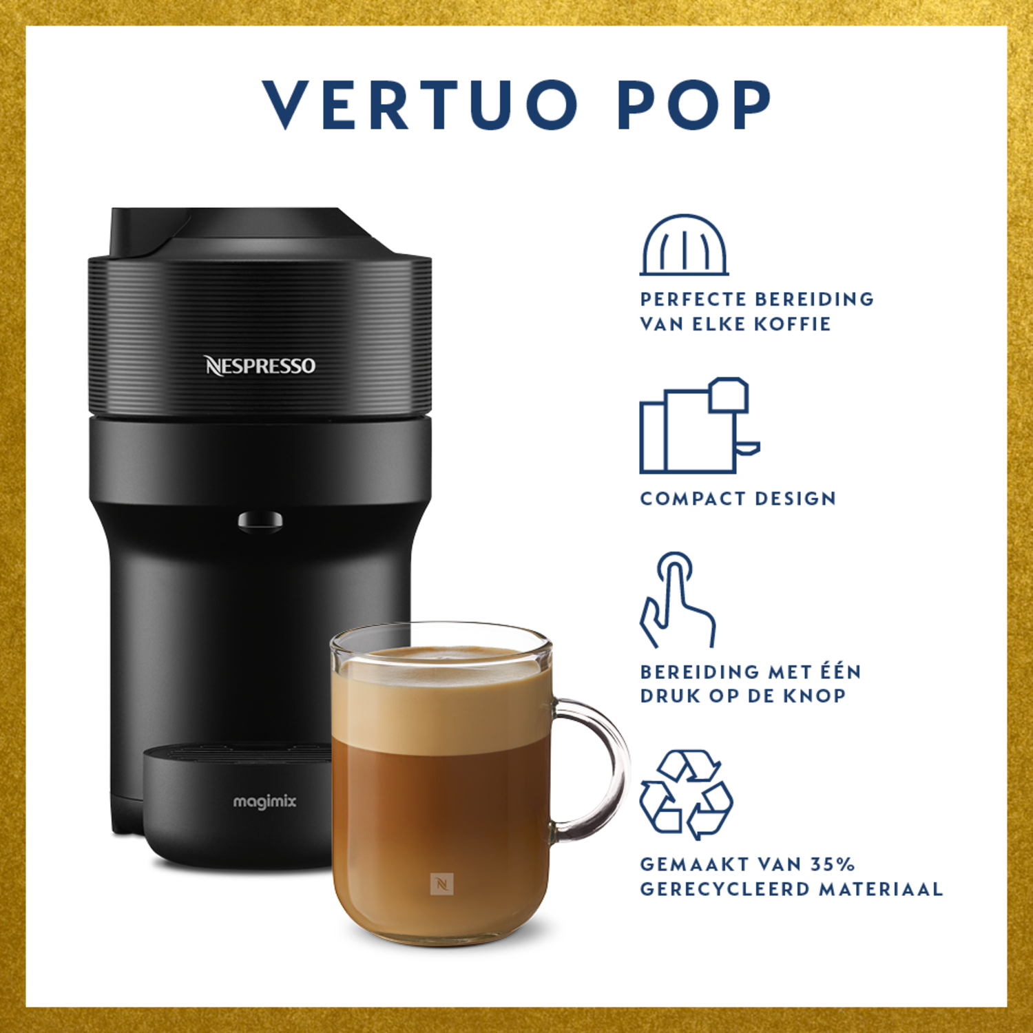Black Nespresso coffee machine with a glass of coffee and icons around it.