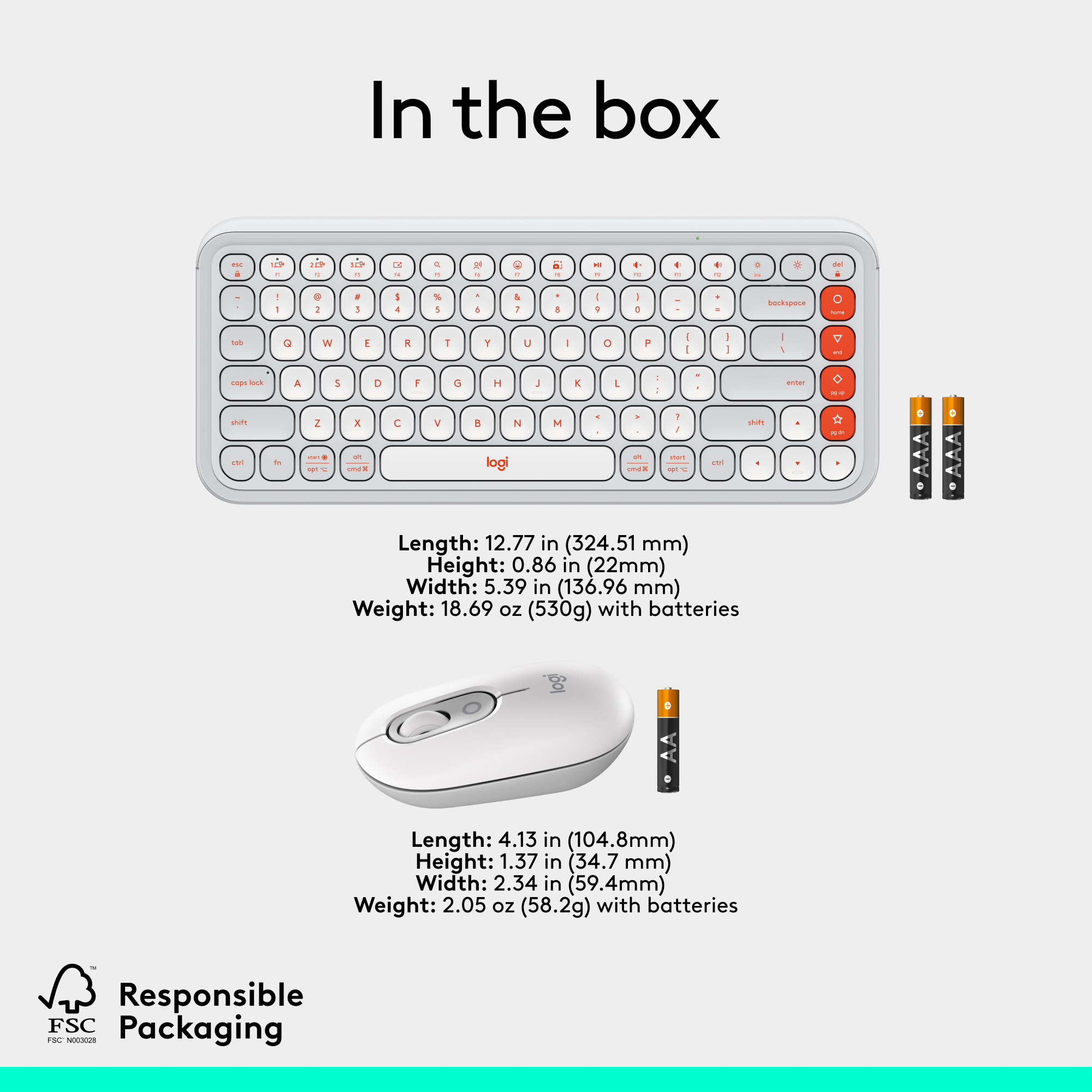 Un ensemble clavier et souris blancs avec piles. Le texte 'Emballage responsable' est visible.