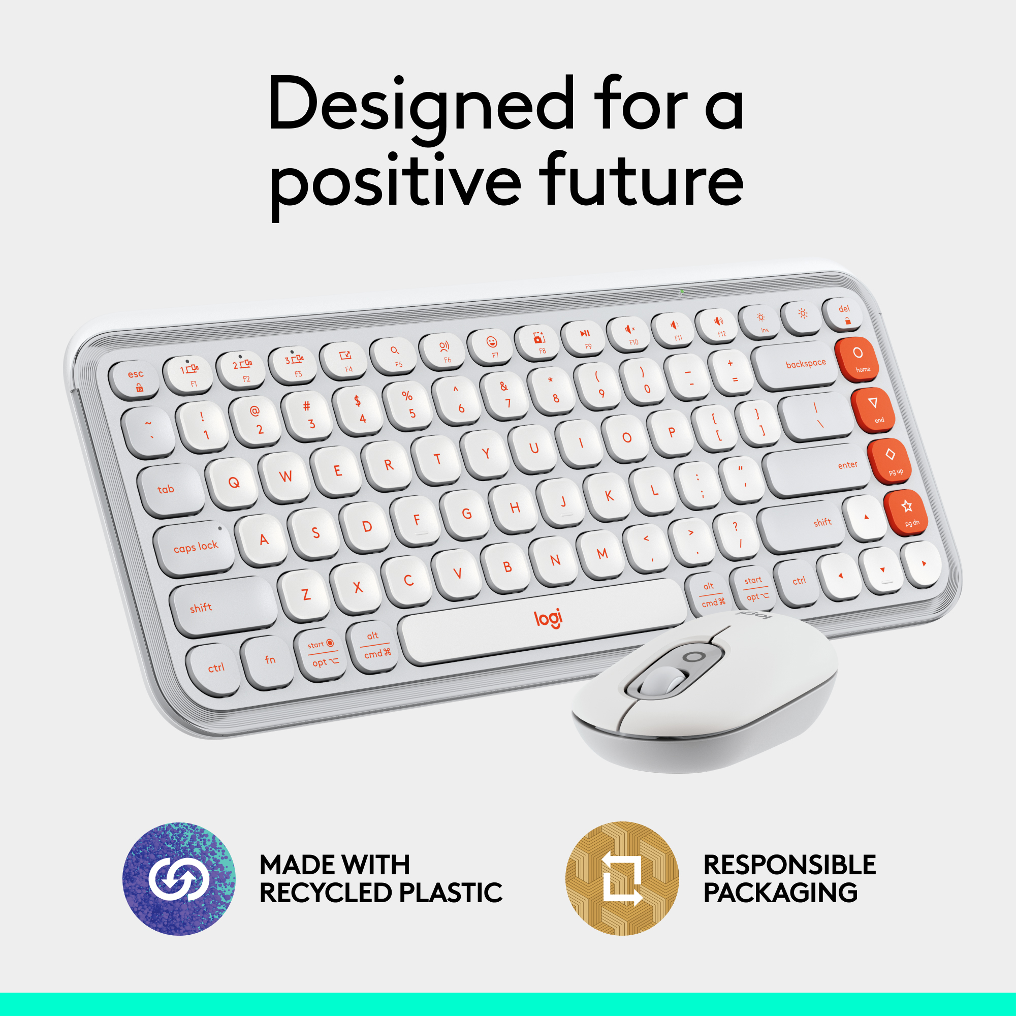 Ensemble clavier et souris blancs. Le clavier a des touches blanches et oranges.