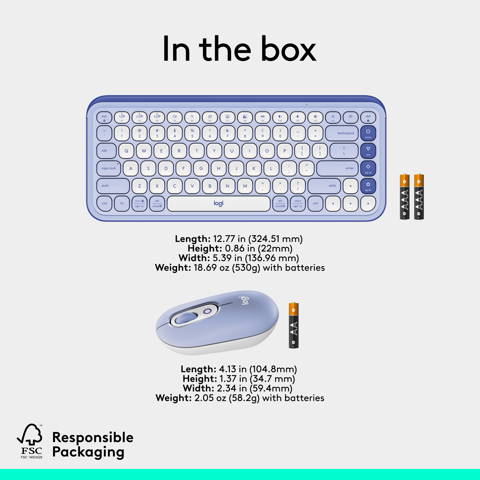 Clavier, souris et piles dans une boîte. Fond blanc avec texte et mesures.