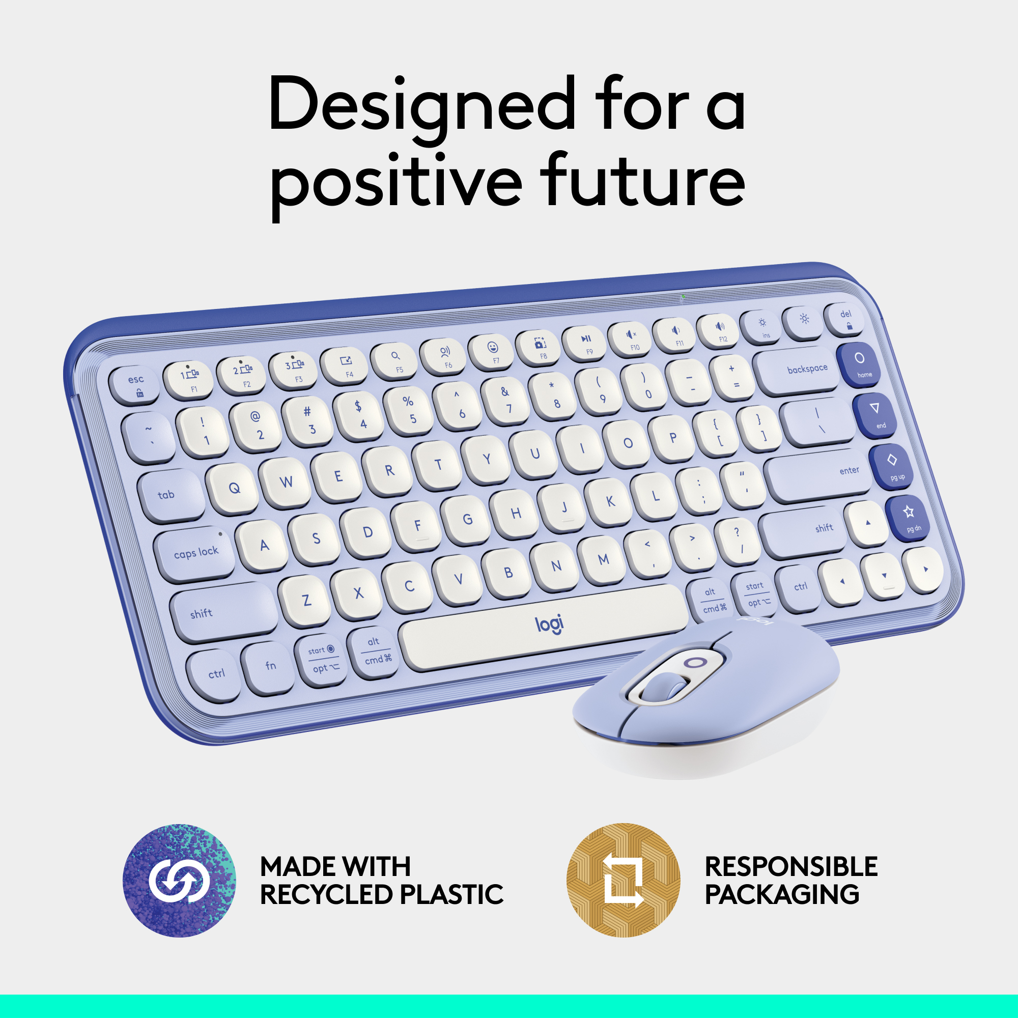 Un ensemble clavier et souris Logitech bleu et blanc, avec les mots 'Made with Recycled Plastic'.