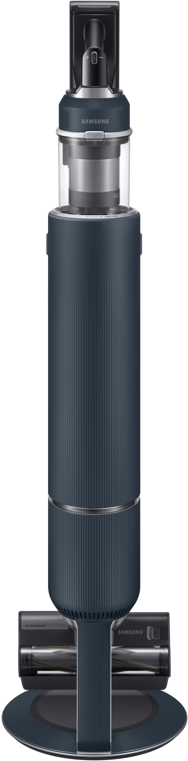 Marineblauer kabelloser Samsung Staubsauger mit Zubehör und Lade-/Aufbewahrungsständer.