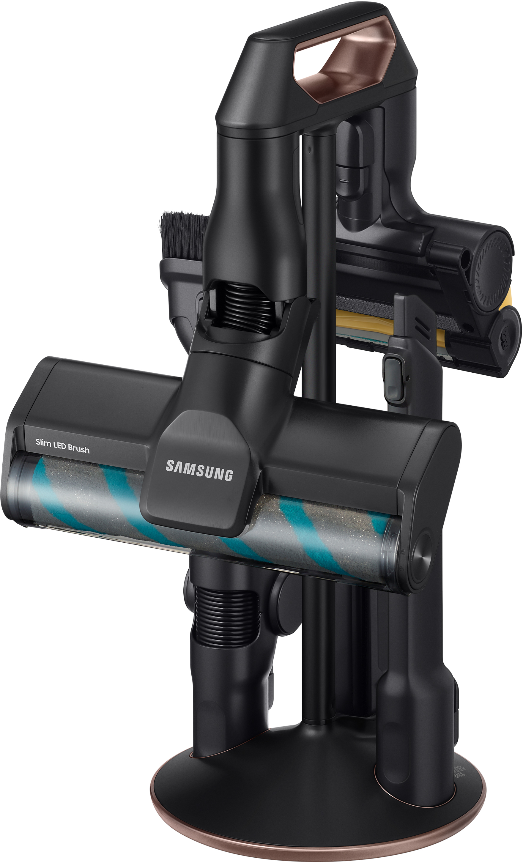Schwarzer Samsung Staubsauger mit mehreren Aufsätzen.