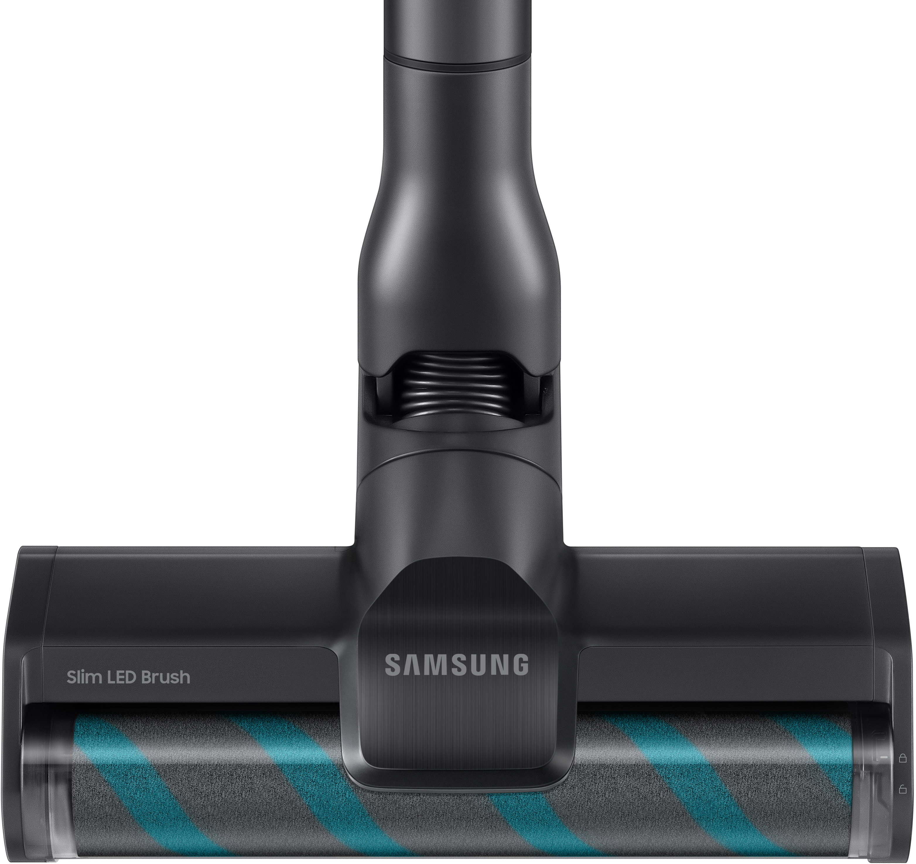 Ein schwarzer und grauer Samsung Staubsaugerkopf mit blau gestreifter Walzenbürste, Nahaufnahme.