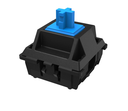Schwarzer mechanischer Tastaturschalter mit blauem kreuzförmigem Schaft auf weißem Hintergrund.