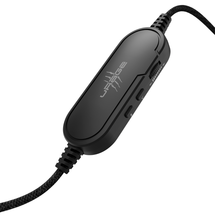Schwarze Headset-Steuerung. Zu den Merkmalen gehören Lautstärkeregler und Mikrofon.