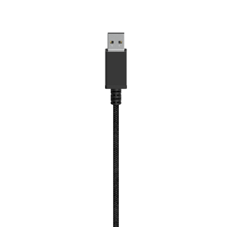 Ein schwarzes USB-Kabel und eine silberne Kante sind auf grauem Hintergrund sichtbar.