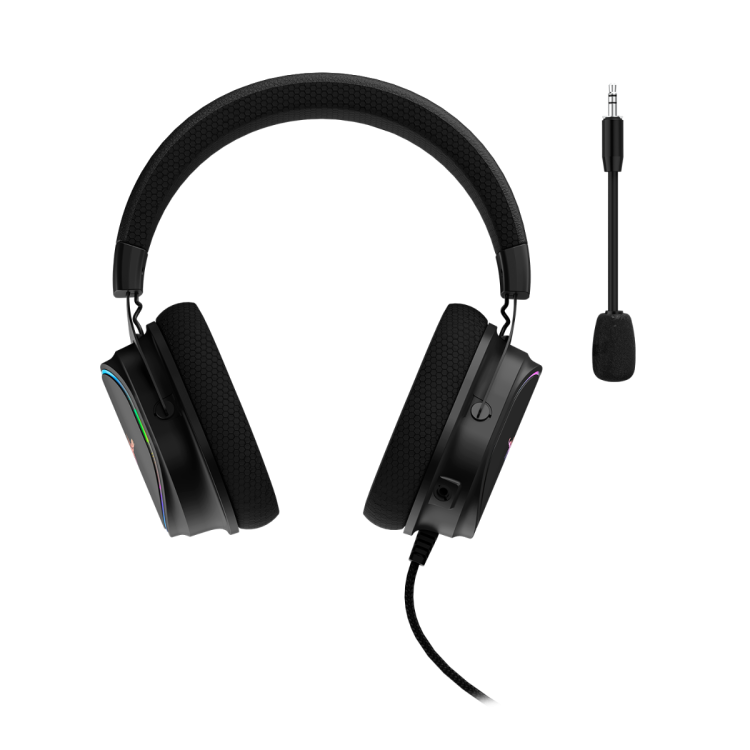 Schwarzes Gaming-Headset und abnehmbares Mikrofon. RGB-Beleuchtung an den Ohrmuscheln.