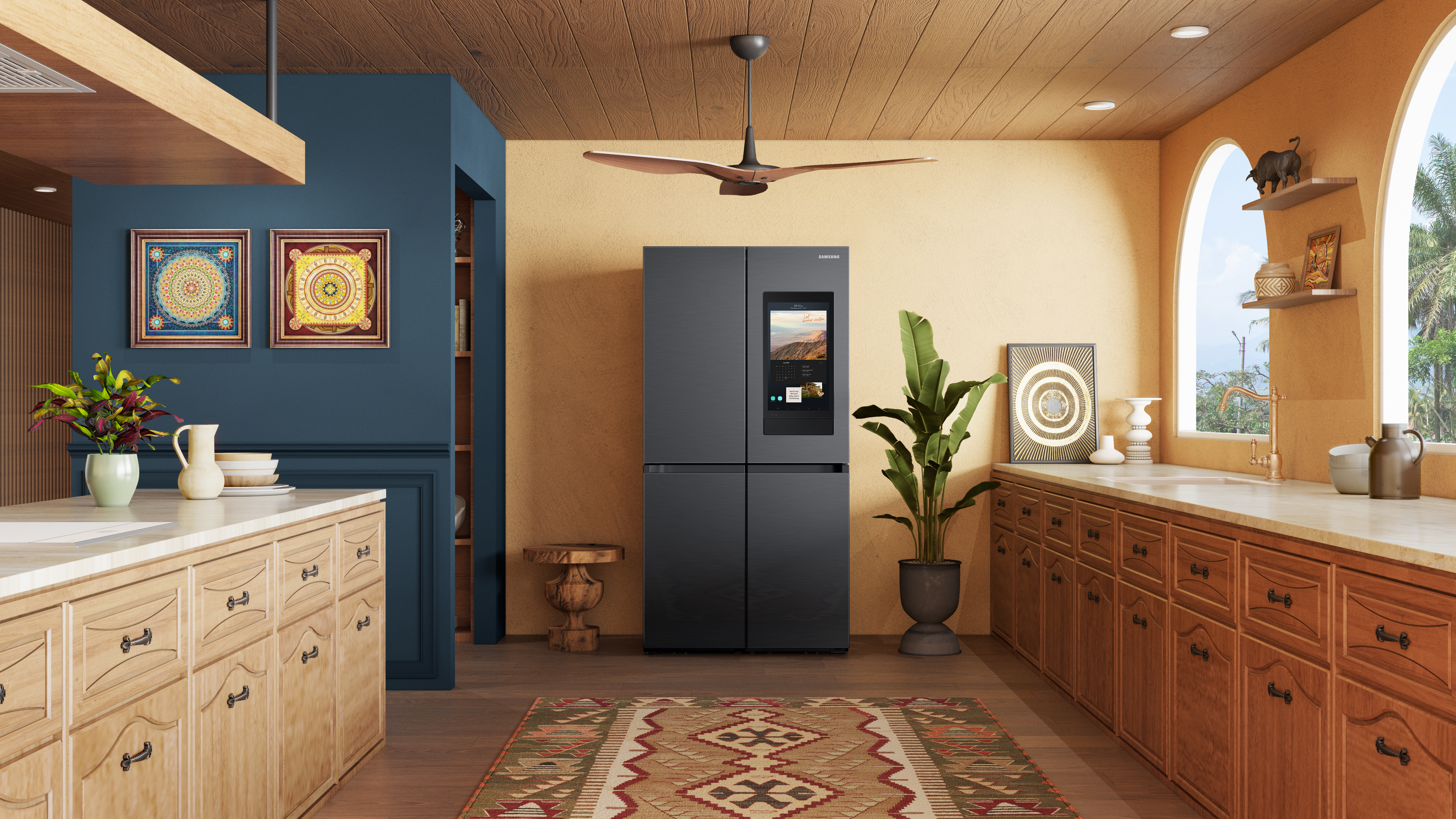 Una cucina con elettrodomestici scuri, mobili in legno e un tappeto fantasia. Un grande frigorifero è il punto focale.