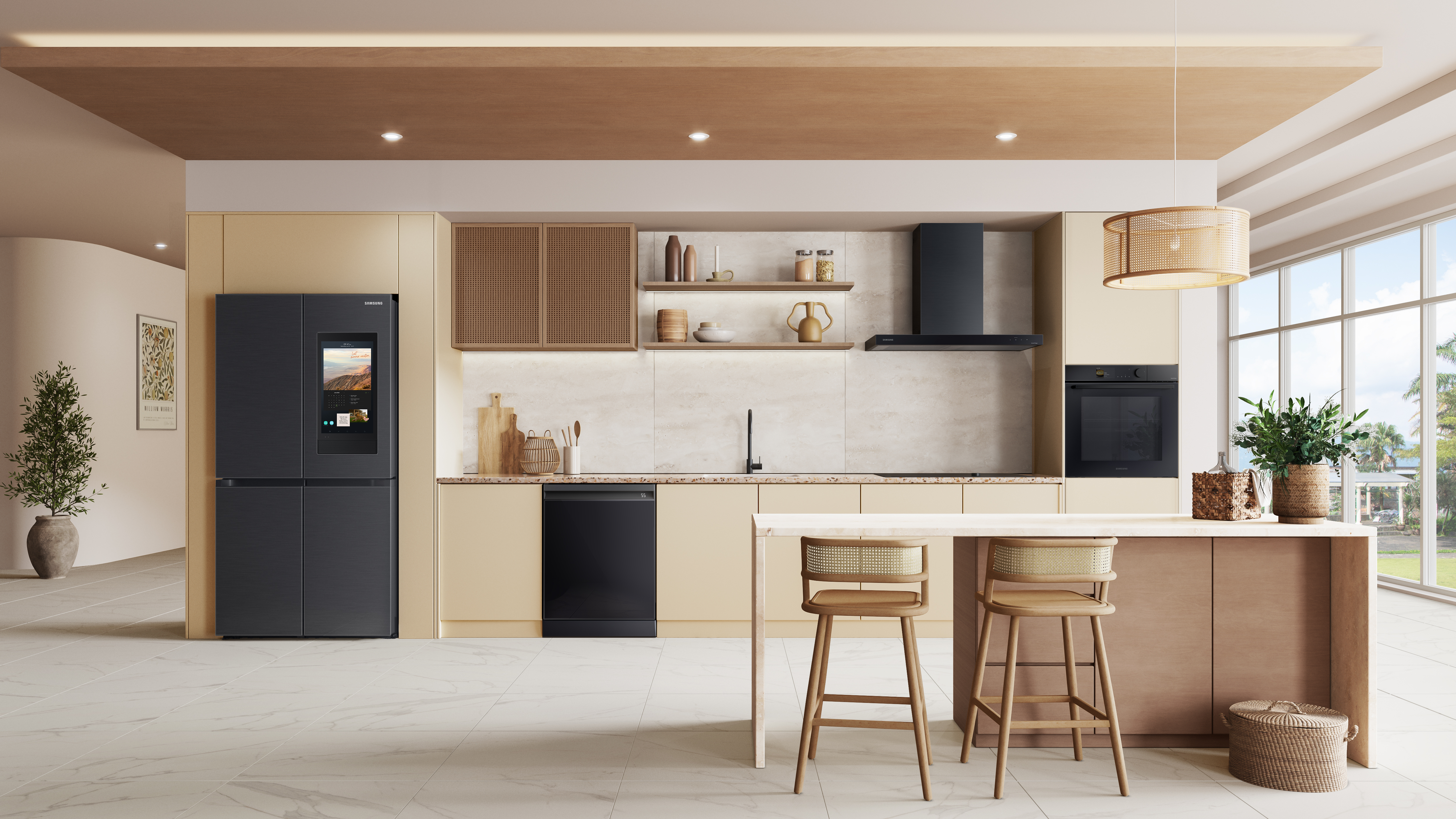 Cucina moderna con frigorifero, forno e cappa neri. Armadi beige, isola e dettagli in legno.