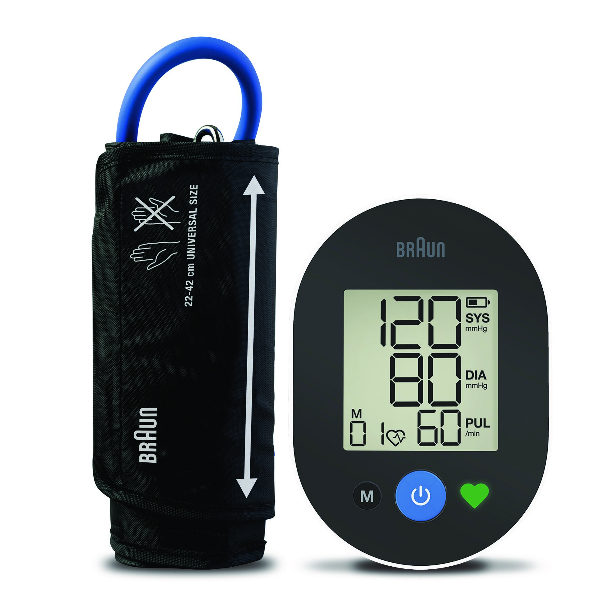Ein Braun Blutdruckmessgerät mit Manschette und Digitalanzeige: 120/80, Puls 60.