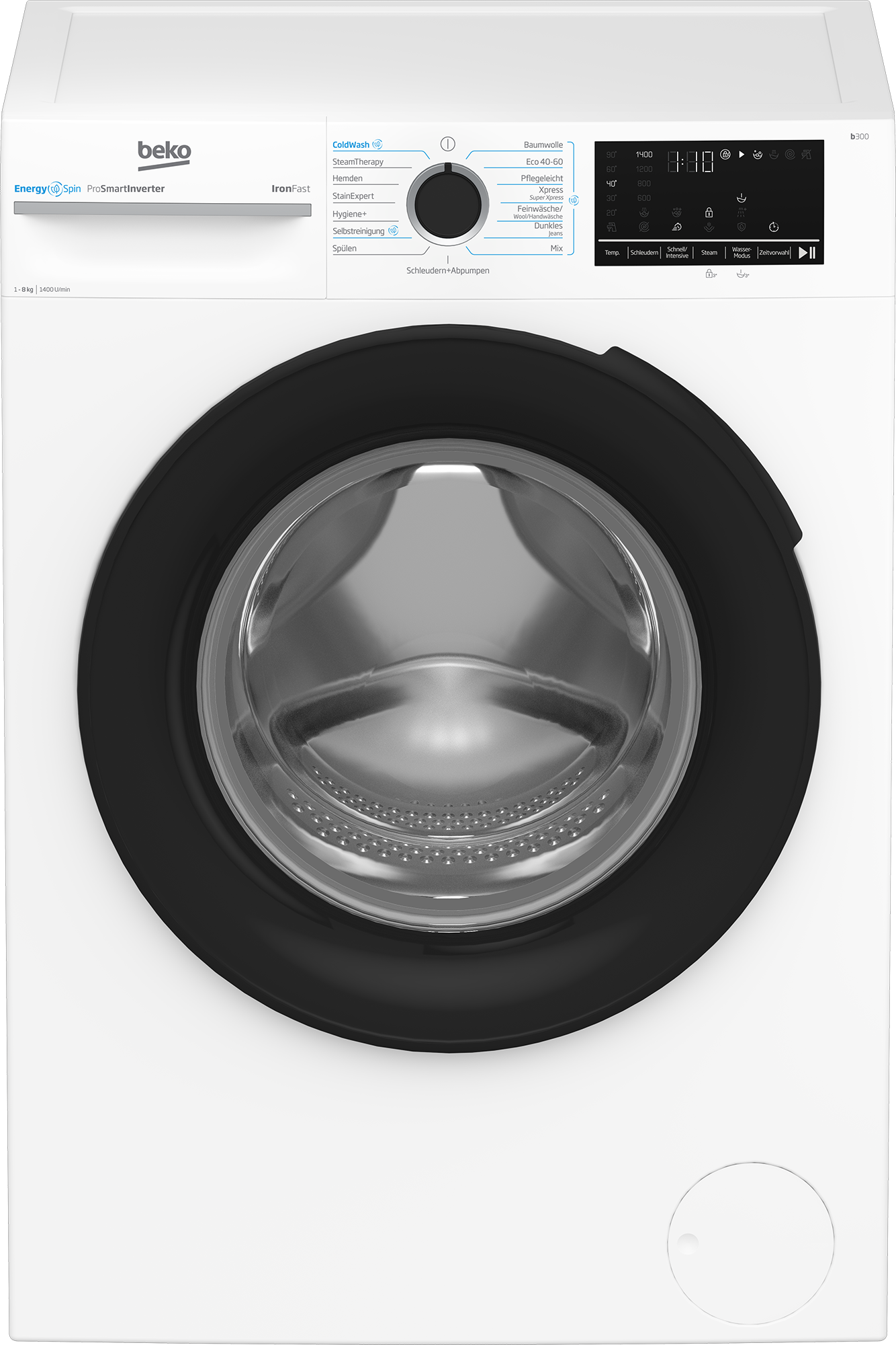 Weiße Beko Waschmaschine. Mit schwarzer Tür und Bedienfeld.